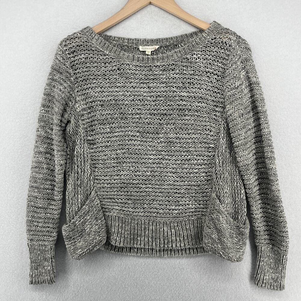 EILEEN FISHER Sweater S Tape Yarn Marled Cotton Blend Scoop Neck Pullover Gray